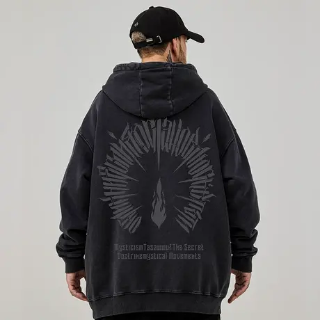 重磅美式复古嘻哈大码卫衣男连帽纯棉水洗做旧高街加绒春秋冬款男图片