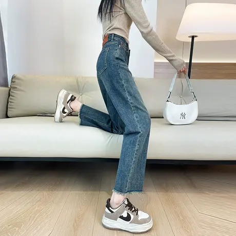 毛边九分阔腿牛仔裤女秋冬2024新款小个子高腰显瘦垂感宽松直筒裤图片