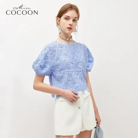missCOCOON法式蓝色蕾丝上衣女2023新款夏季短袖宽松高级套头小衫商品大图