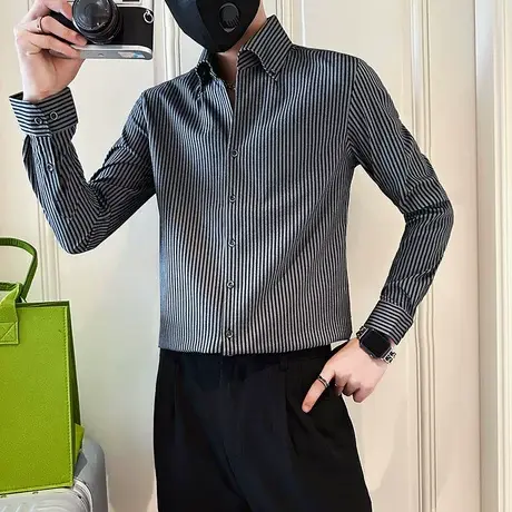 韩版条纹衬衫男秋季2023新款高级感痞帅长袖衬衣网红复古潮牌上衣商品大图