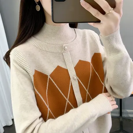 半高领毛衣女假两件打底衫2023秋冬新款套头外穿针织衫内搭上衣潮图片