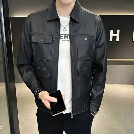2023秋季新品美式休闲男皮衣外套痞帅高级感复古个性工装PU皮夹克商品大图