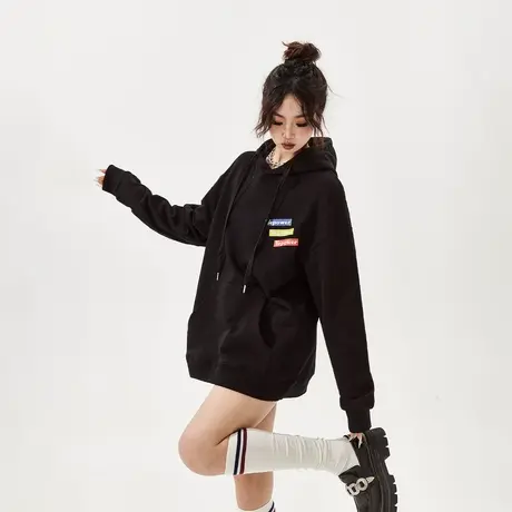 YEP黑色印花连帽卫衣女春秋2024新款复古情侣装宽松oversize外套图片