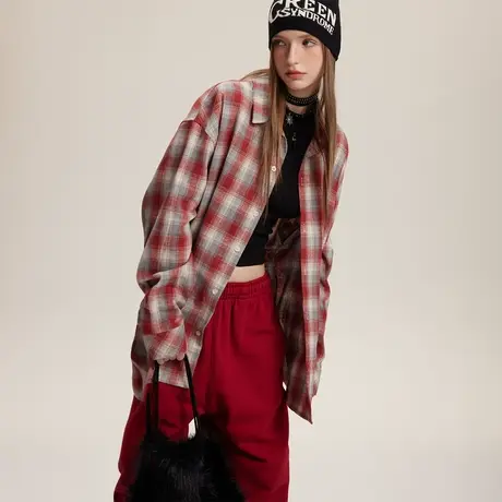 潮牌复古红格子春日衬衫女2024新款设计感上衣宽松情侣装内搭衬衣商品大图