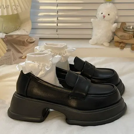 黑色英伦风jk小皮鞋女2023年夏季新款百搭圆头一脚蹬厚底乐福单鞋图片