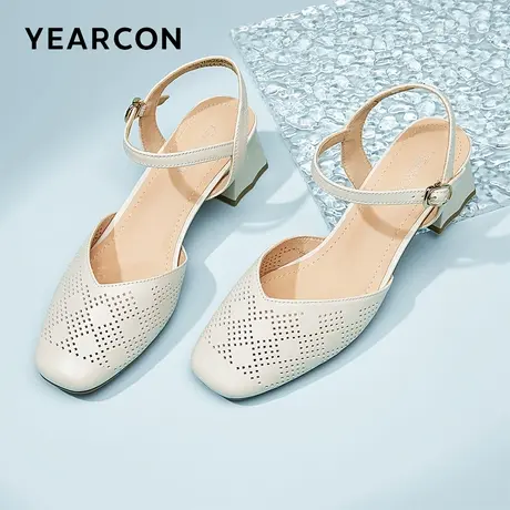 意尔康女鞋夏季包头凉鞋外穿真皮方头粗跟中跟法式一字式扣带皮鞋商品大图