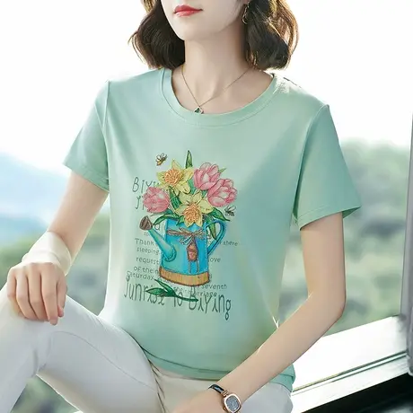精致设计感大码t恤衫中老年妈妈夏装上衣重工刺绣花圆领正肩体恤商品大图