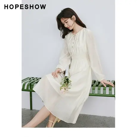 红袖圆领收腰系带套头连衣裙hopeshow2024春季新款气质温柔茶歇裙图片