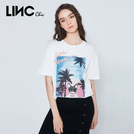 LINC金羽杰2020年春新款粉蜡色主题印花短袖t恤女2011304商品大图