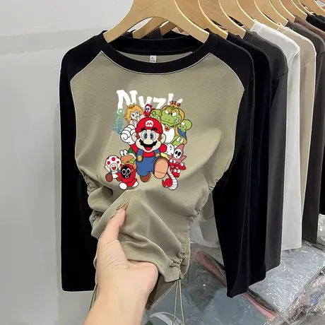 美式抽绳t恤女春正肩撞色设计感圆领印花打底衫内搭秋小个子上衣图片