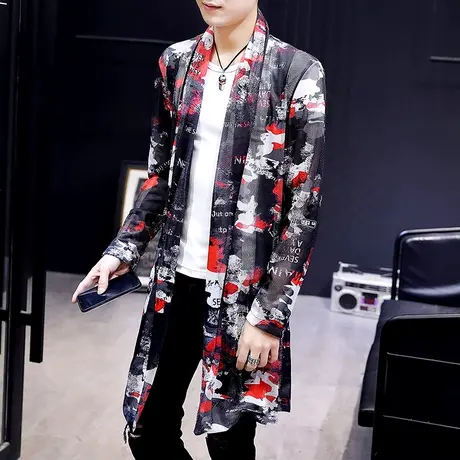 男士夏季轻薄防晒风衣中长款韩版帅气开衫个性潮流男装镂空花披风图片