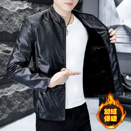 男士秋冬季加绒加厚皮衣潮流休闲立领PU软皮夹克青年韩版帅气外套商品大图