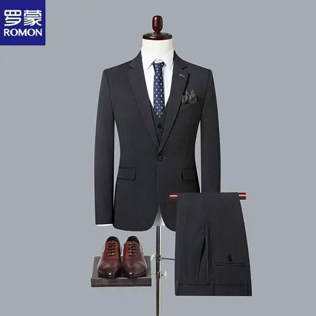 罗蒙新郎西服套装男士三件套休闲商务正装修身结婚礼服格子西装男图片