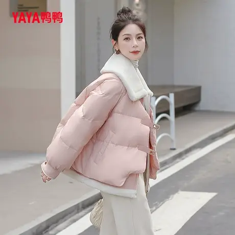 鸭鸭羽绒服女2023冬季新品假两件拼接短款时尚大翻领宽松外套J图片