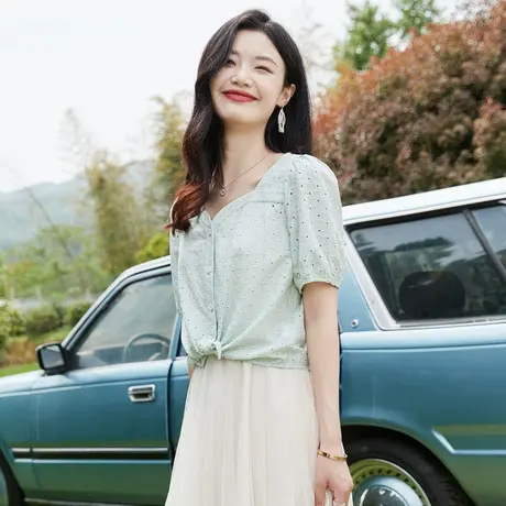 时尚气质泡泡袖衬衫2022年夏季新款女士温柔显瘦简约百搭修身上衣商品大图