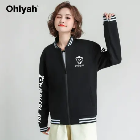 Ohlyah品牌 棒球服女冬季加厚休闲运动黑色拉链加绒韩版外套学生商品大图