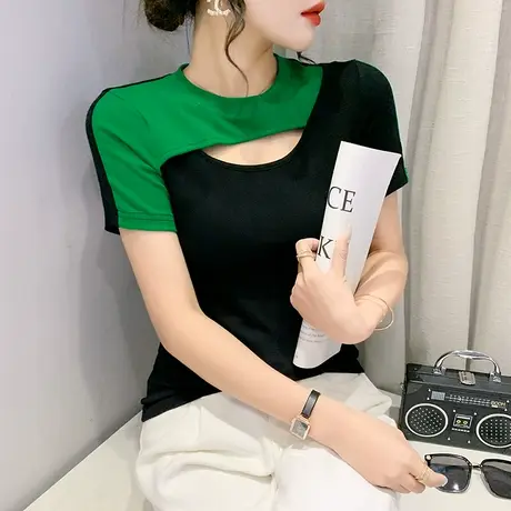 性感镂空拼色T恤女短袖设计感小众网红上衣夏季修身百搭打底小衫图片