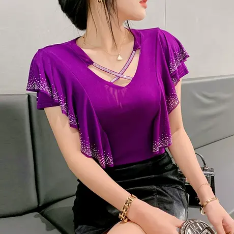 欧货气质女装时尚网纱荷叶边T恤性感V领紧身上衣重工烫钻小衫夏季商品大图