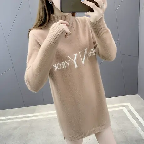 水貂绒半高领字母中长款宽松毛衣女秋冬新款洋气百搭连衣裙针织衫商品大图