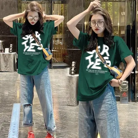 欧货上衣2023新款大版墨绿色纯棉短袖t恤女宽松洋气中长款体恤潮商品大图