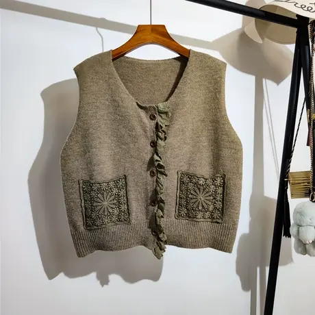 针织马甲开衫女春秋新款宽松v领叠穿设计感小众无袖毛衣背心外套商品大图