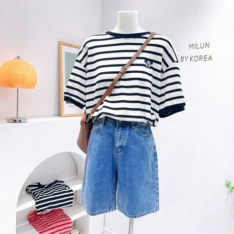 华夫格短袖上衣女韩国东大门2023春夏款百搭条纹软糯显白T恤内搭商品大图