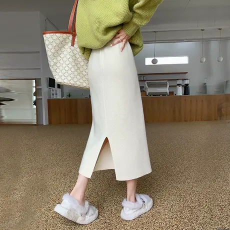 针织半身裙子中长款女秋冬2022新款高腰显瘦开叉日系垂感A字长裙图片