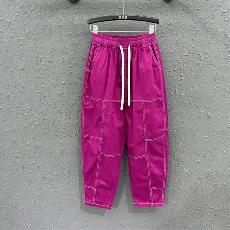 火龙果色大码休闲老爹裤女2023夏季新款松紧腰系带宽松萝卜哈伦裤图片
