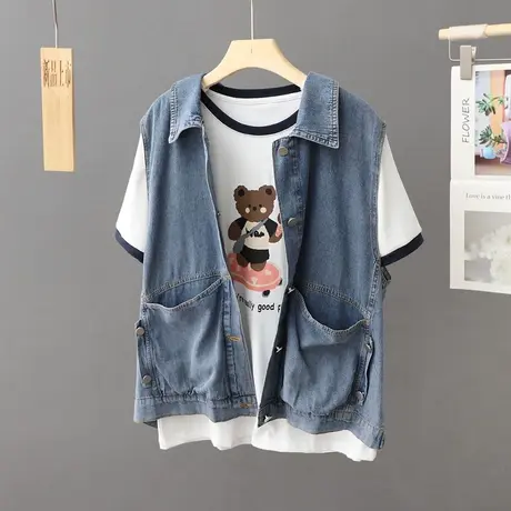 工装蓝色牛仔马甲女短款外套港味薄款夏季无袖宽松坎肩百搭马夹潮图片