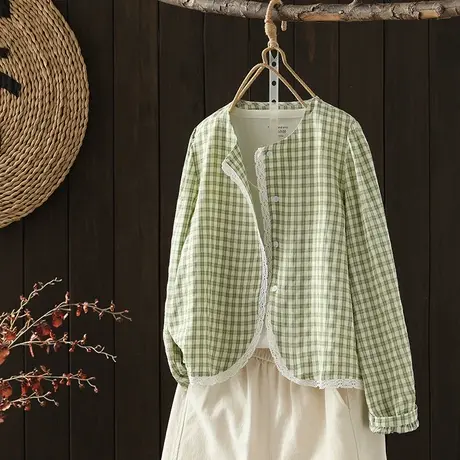 枫谜2023春季新款复古甜美花边格子拼接休闲百搭显瘦长袖上衣图片