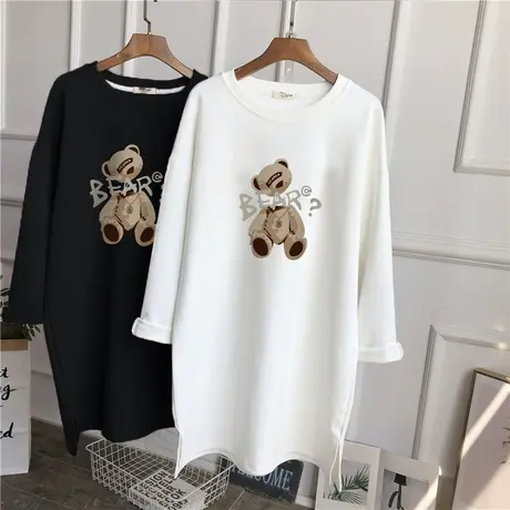 春秋装白色小熊打底衫女2022新款纯棉宽松百搭长袖t恤中长款内搭图片