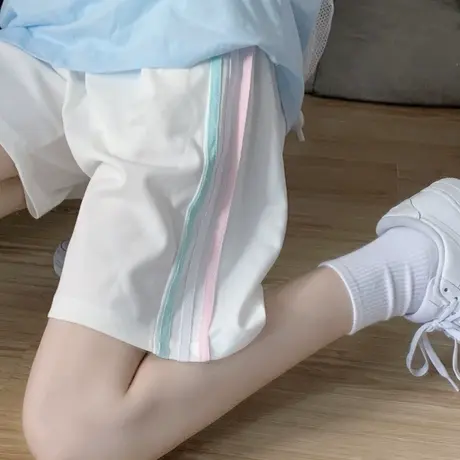 学生运动短裤女ins潮夏外穿跑步韩版休闲高腰bf风中裤直筒五分裤商品大图