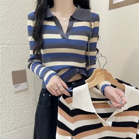 春秋新款翻领港式复古条纹毛衣女学生简约百搭韩版长袖针织衫上衣商品大图