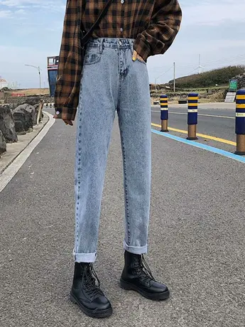 清仓捡漏外贸设计感高腰牛仔裤春季女港风宽松直筒长裤子ins高街商品大图