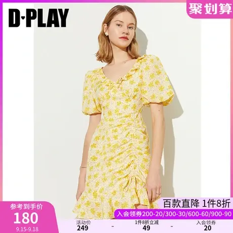 DPLAY夏新甜美度假风鸢尾黄碎花泡泡袖印花连衣裙沙滩裙图片