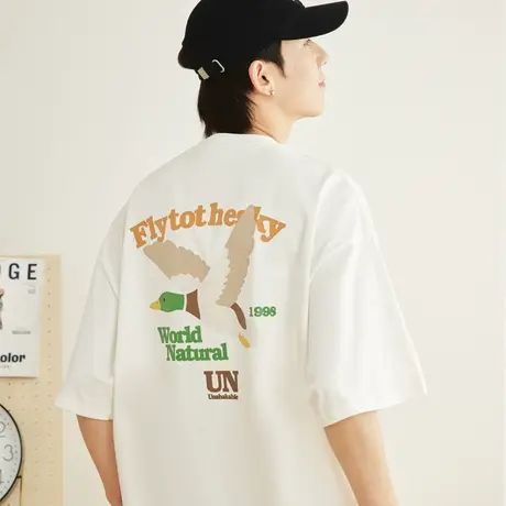 日系复古潮牌白色纯棉T恤短袖男款2023新款夏季后背猎鸭宽松体恤图片