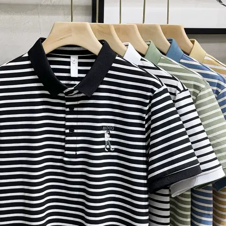 条纹短袖t恤男士POLO衫夏季丝光棉高端刺绣翻领半袖体恤潮牌T上衣商品大图