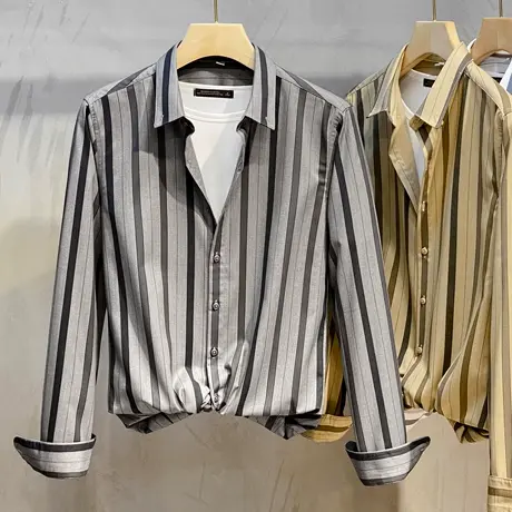 衬衫男长袖春秋季新款潮流商务高级感男装上衣服免烫休闲条纹衬衣商品大图