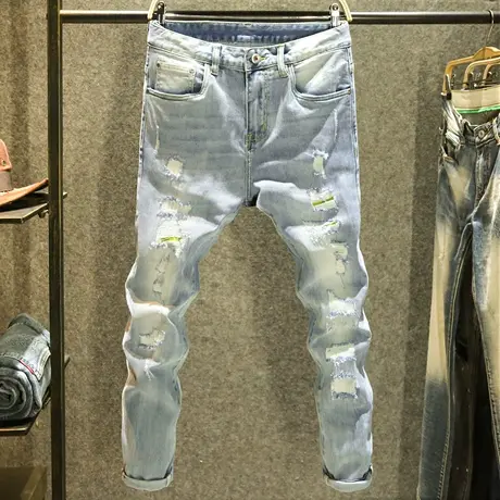 潮男痞帅破洞牛仔裤男款弹力修身小脚裤夏季薄款潮牌休闲长裤刮烂商品大图