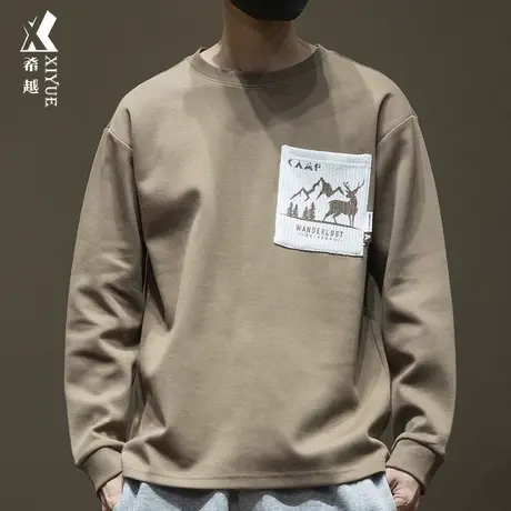 希越拼接撞色针织带口袋重磅卫衣男圆领秋季新款宽松大码百搭衣服图片