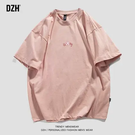 男生200g纯棉粉色t恤男宽松上衣男装2023新款短袖潮牌夏季体恤衫商品大图
