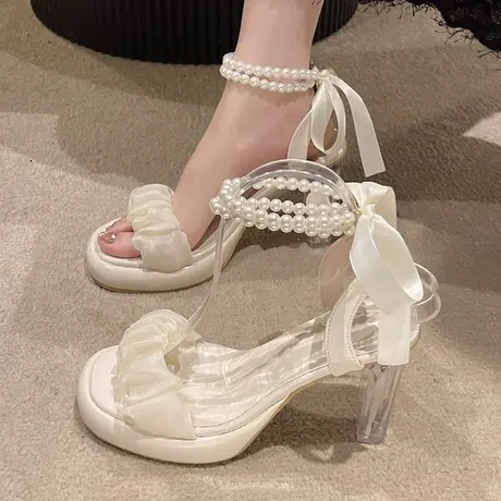 法式小众珍珠高跟凉鞋女款夏季2023年新款中粗跟仙女风ins潮超火商品大图