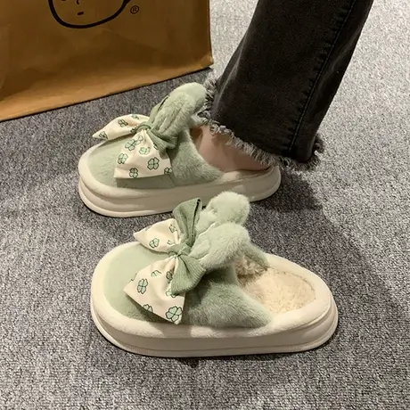 2023冬季新款棉拖鞋女室内家居蝴蝶结保暖防滑软底家用毛毛拖鞋女商品大图