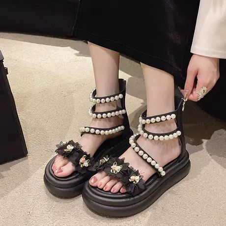 仙女风花朵珍珠高帮凉鞋女2023夏季今年新款配裙子时尚气质罗马鞋商品大图