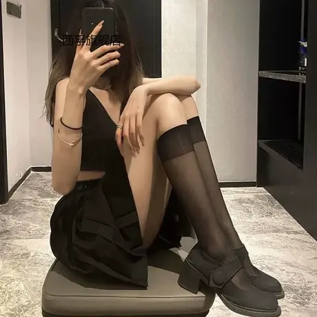 过膝袜子女白丝袜薄款中筒jk防滑黑丝春秋小腿袜简约纯色韩版性感商品大图
