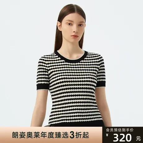 朗姿条纹打底衫撞色圆领短袖针织T恤上衣女夏季新款商场同款女装商品大图