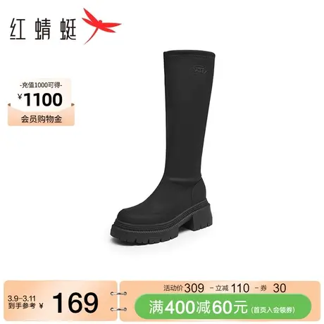 红蜻蜓百搭弹力靴2023冬季新款女鞋黑色显瘦时装靴通勤软底长筒靴图片