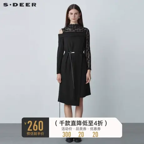 sdeer圣迪奥秋装圆领蕾丝网纱收腰露肩条纹连衣裙S221Z1274图片