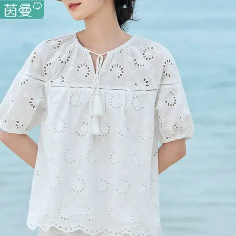 茵曼官方旗舰店娃娃衫上衣夏季纯棉白色女衬衫2023新款短袖外穿图片