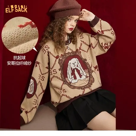妖精的口袋复古老花兔子毛衣女2022秋冬季新款加厚内搭设计感上衣商品大图